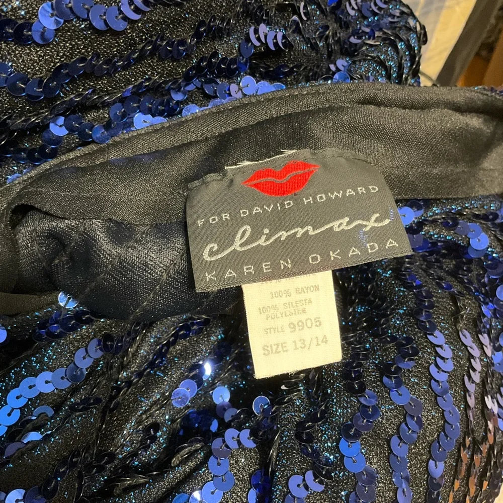 vtg CLIMAX by David Howard sz 13/14 (M/L) Sequin One Shoulder Sequin Dress Blue
